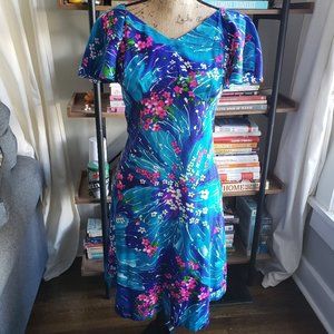Vintage Pomare Hawaii dress blue turquoise tropical floral medium